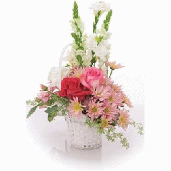 Floral arrangement in a white basket