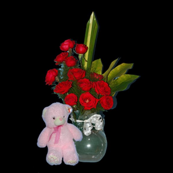 Pink Teddy with Red Roses